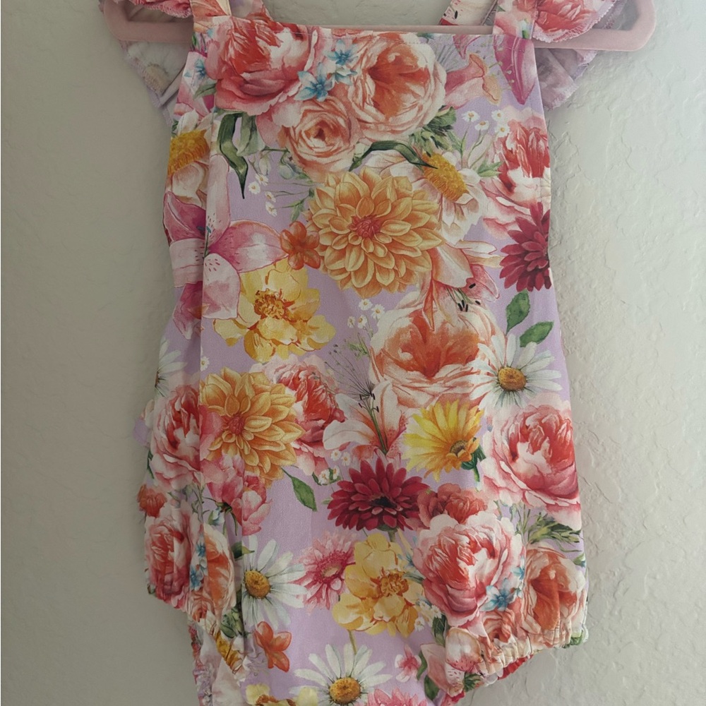 Posh Peanut Floral Kids One Piece - Pink and Yellow